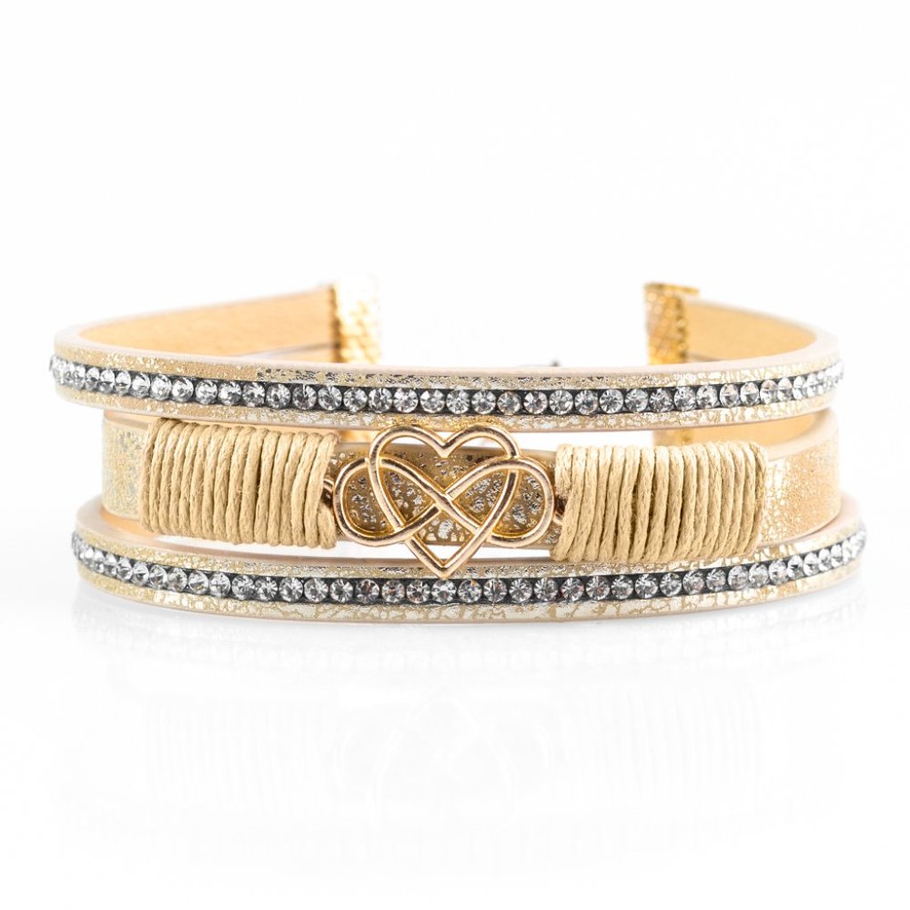 Gold Metallic Leather Infinity Heart Bracelet
